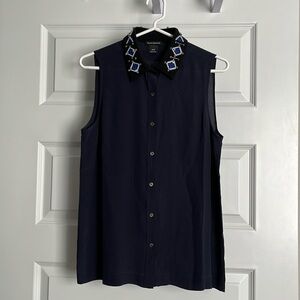 CLUB MONACO Silk Navy Sleeveless Beaded Collar Top Size M